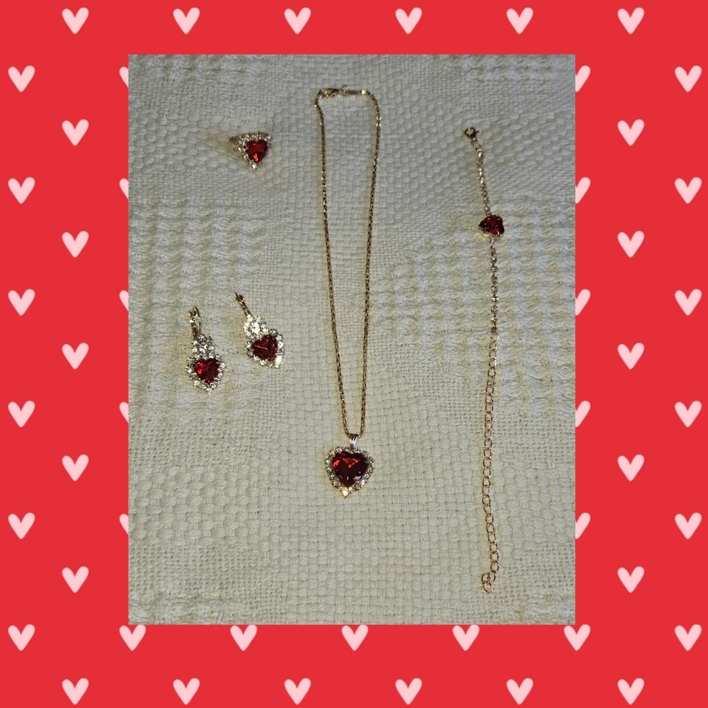 Elegant Gold & Ruby Heart Jewelry Set